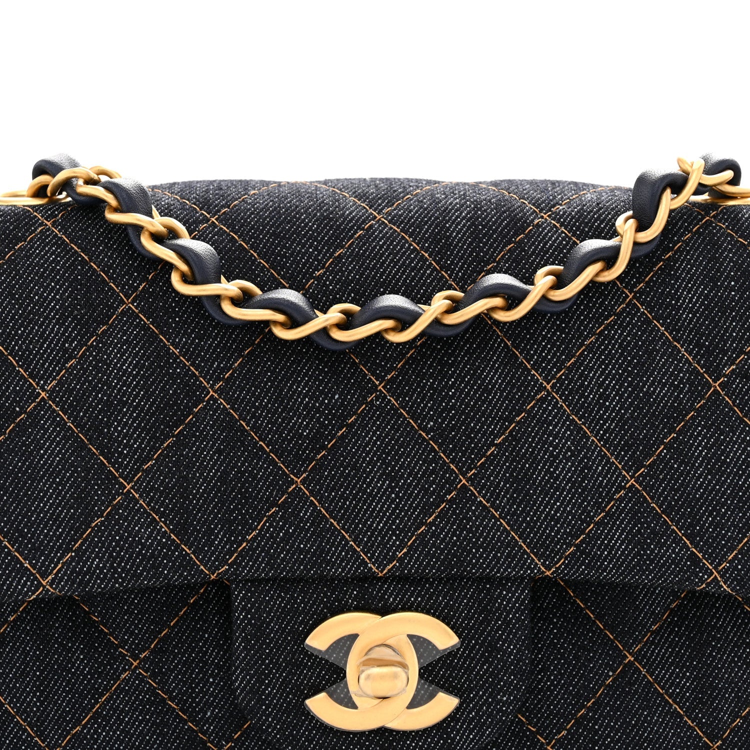 Denim Quilted Mini Rectangular Flap Dark Blue Orange