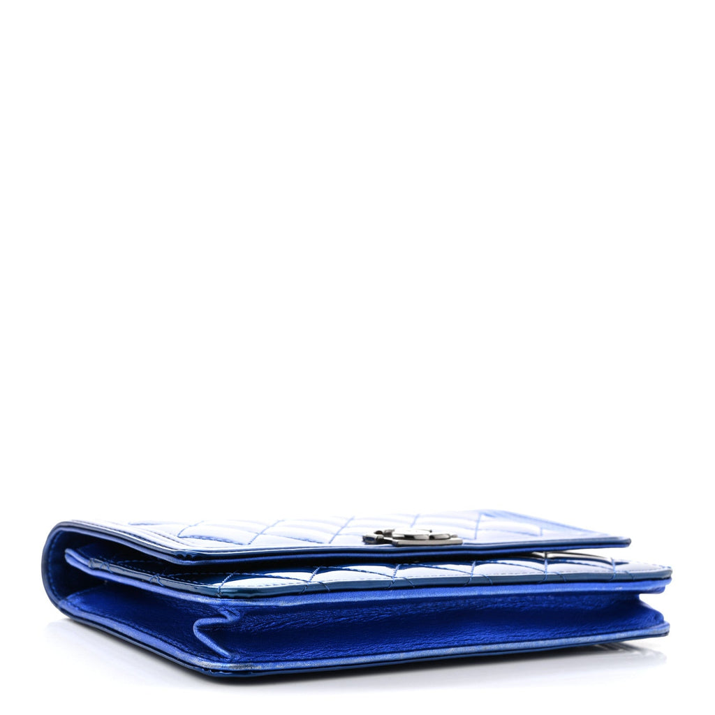 Metallic Patent Calfskin Quilted Boy Wallet on Chain WOC Blue