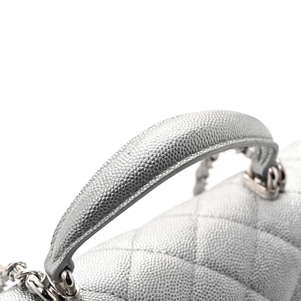 Metallic Caviar Quilted Mini Top Handle Rectangular Flap Silver