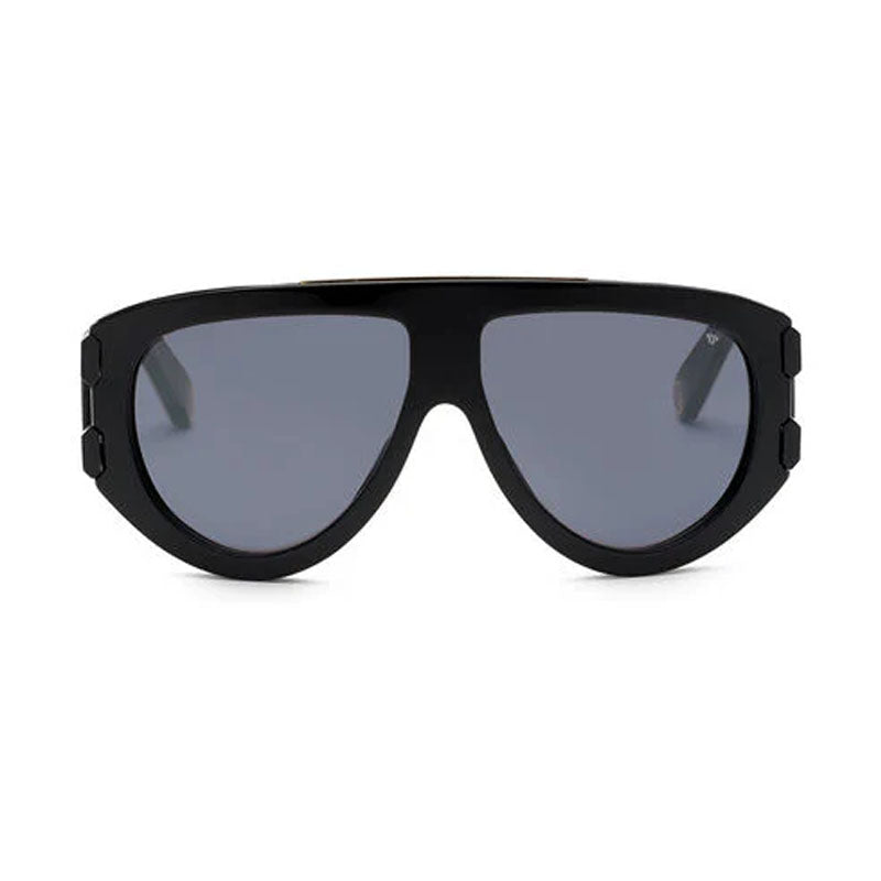 Philipp Plein Sunglasses Shield Full Rim, Shiny Black Frame and Grey Silver Lens SPP127M700G