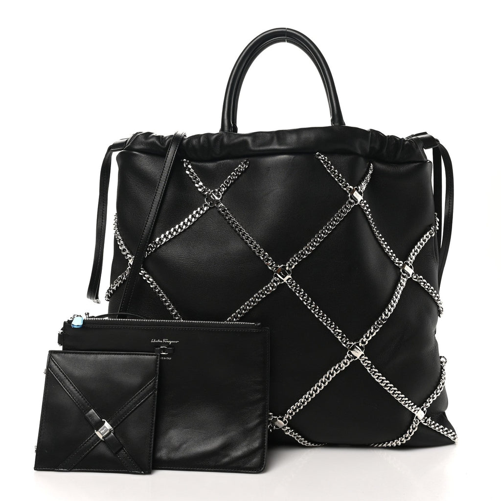 Nappa Chain Drawstring Shoulder Bag Black