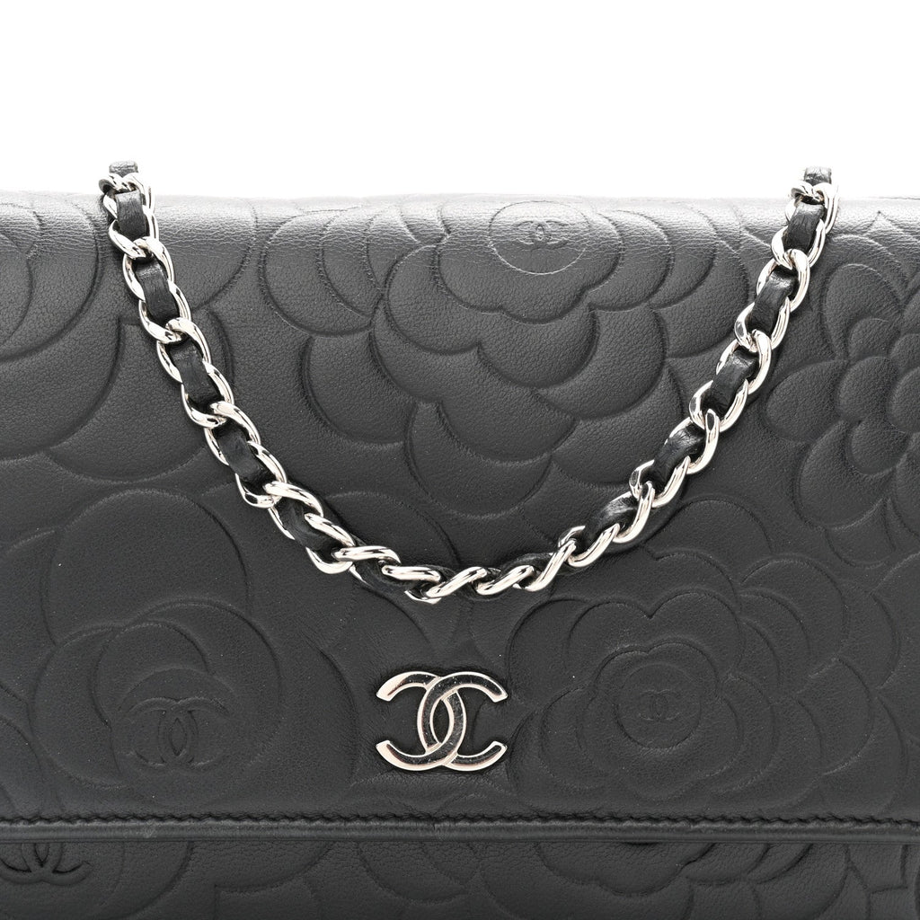 Lambskin Camellia Embossed Wallet On Chain WOC Black