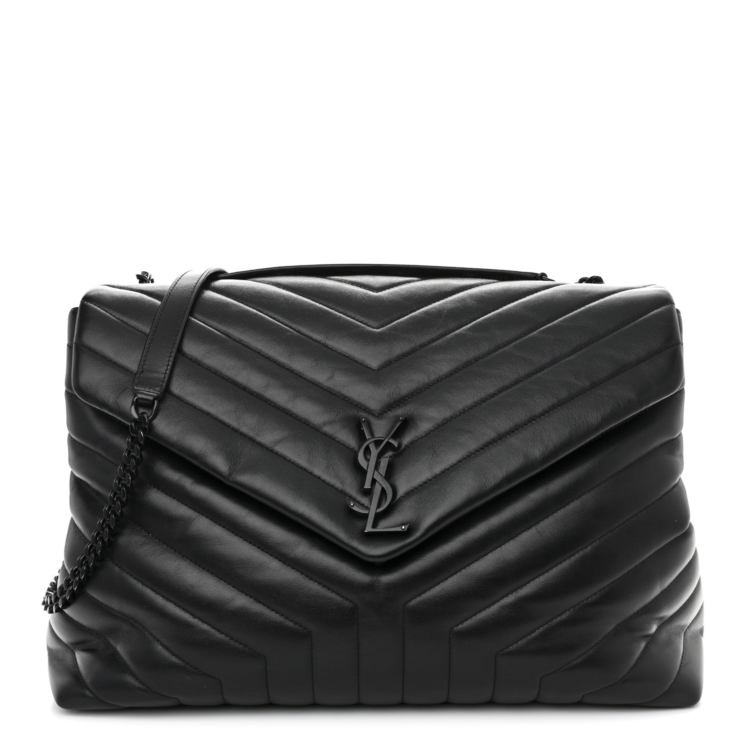 Calfskin Y Quilted Monogram Monochrome Large Loulou Chain Satchel Black