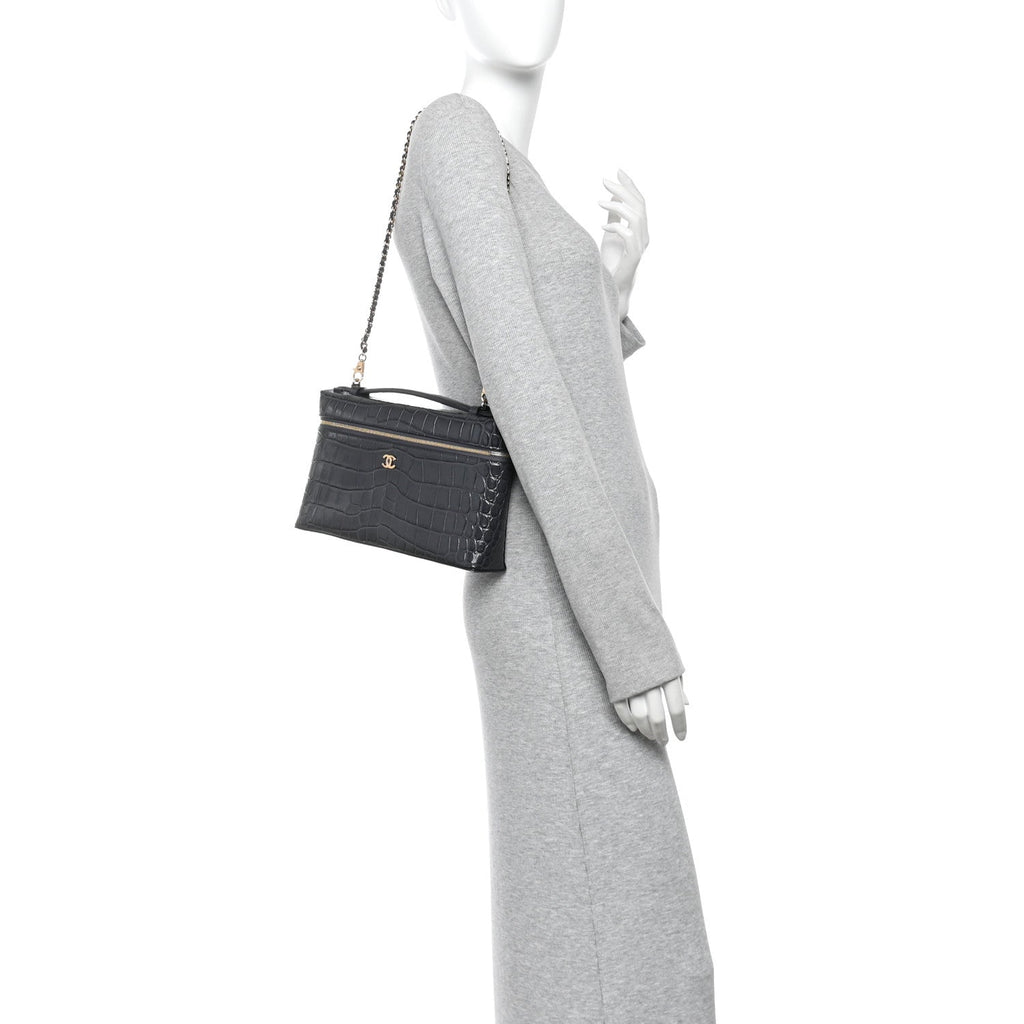 Calfskin Crocodile Embossed Top Handle Vanity Case With Chain Blurgundy Grey