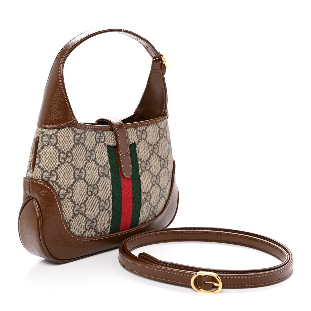 GG Supreme Monogram Azalea Calfskin Web Mini Jackie 1961 Hobo Beige Ebony Brown Sugar