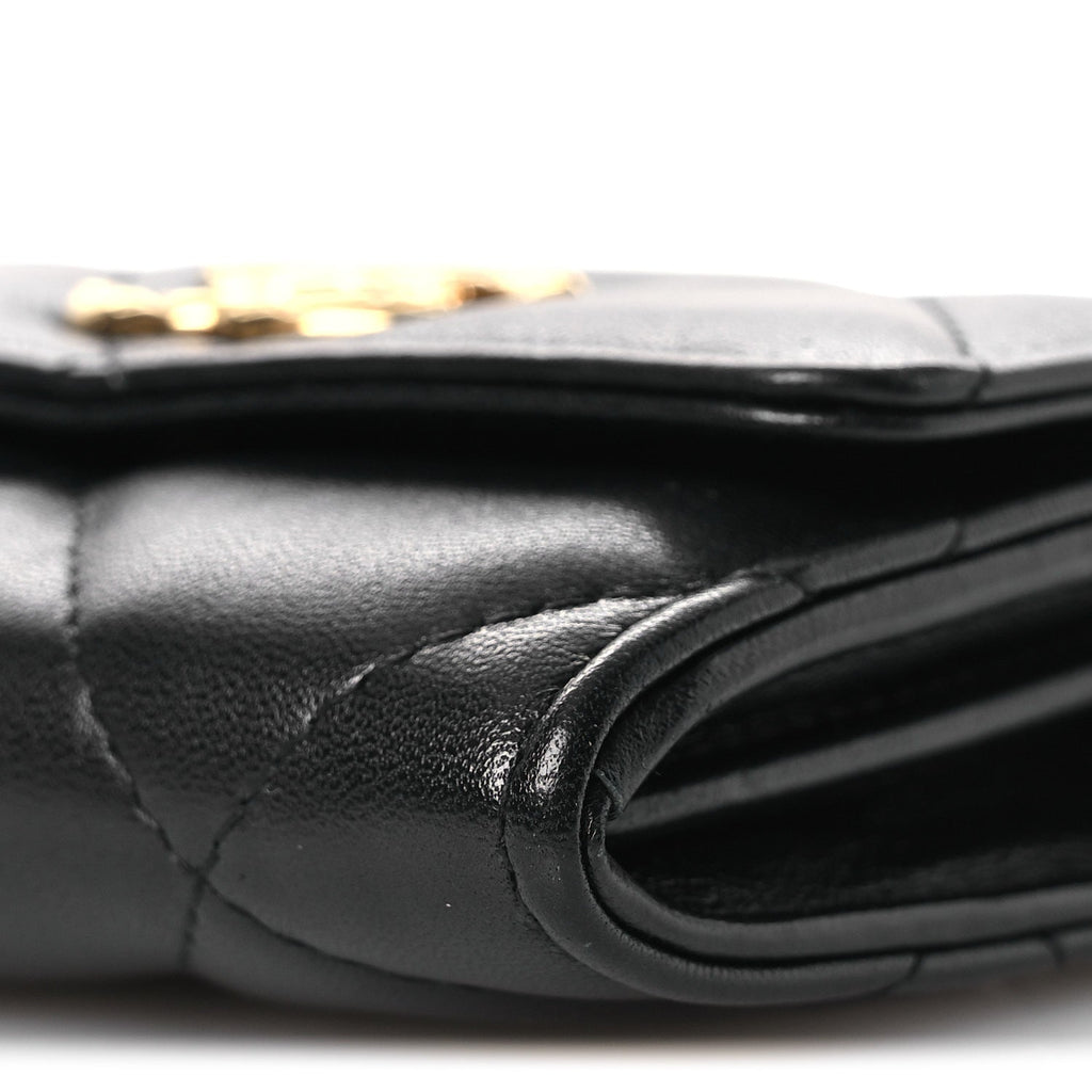Lambskin Pearl Quilted CC Flap Card Holder With Chain  Black