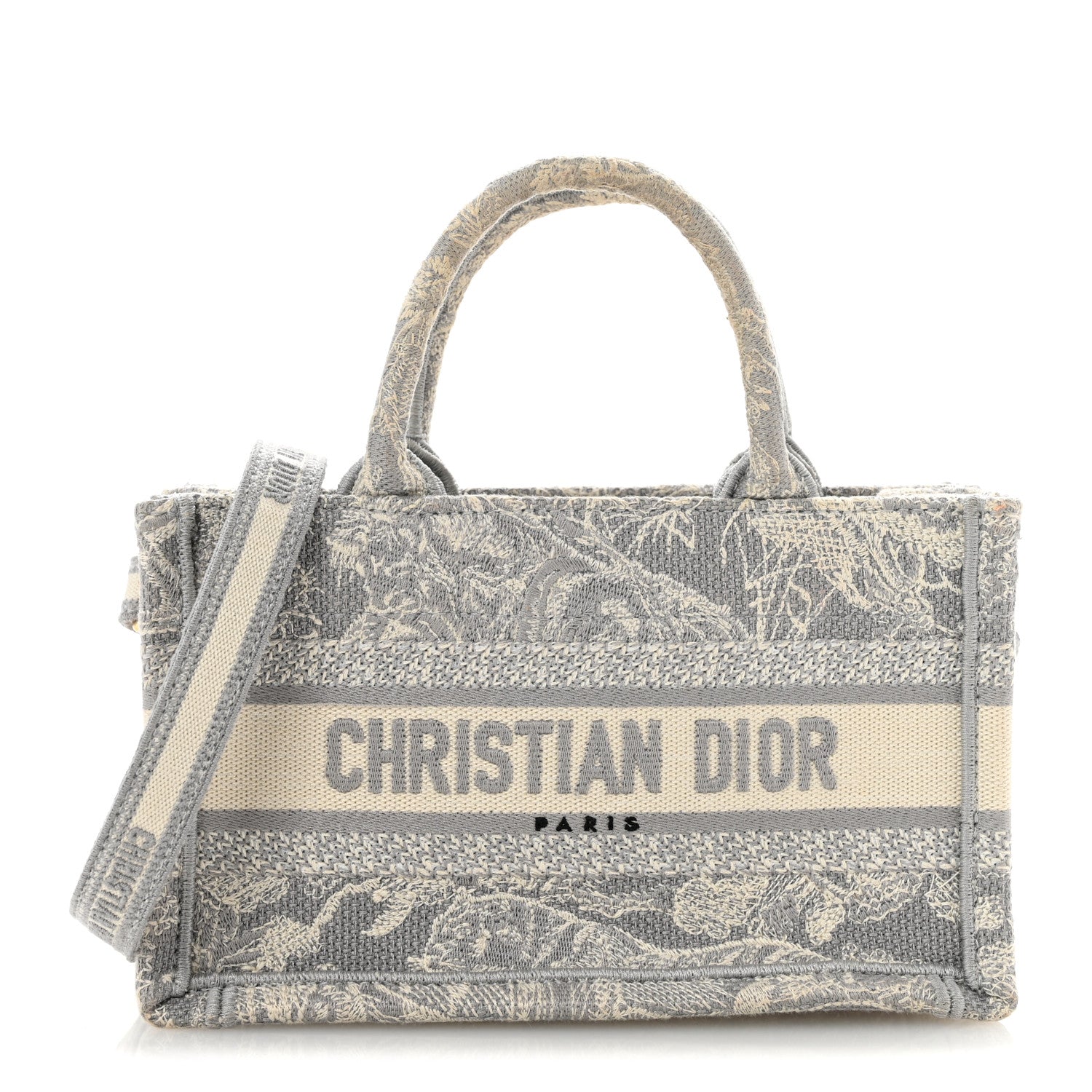 Canvas Embroidered Toile De Jouy Reverse Mini Book Tote With Strap Grey