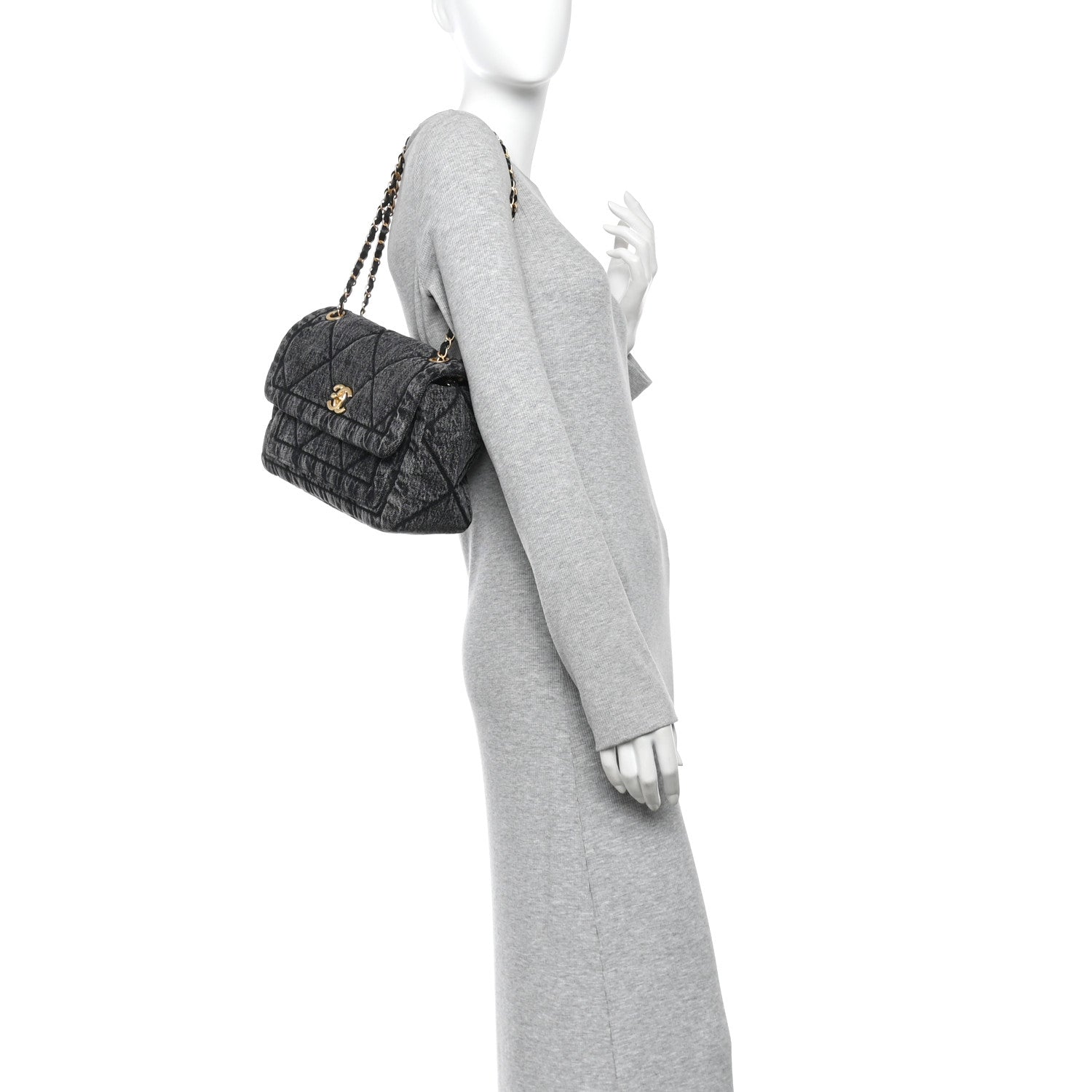Washed Denim Quilted Large Flap Bag Black