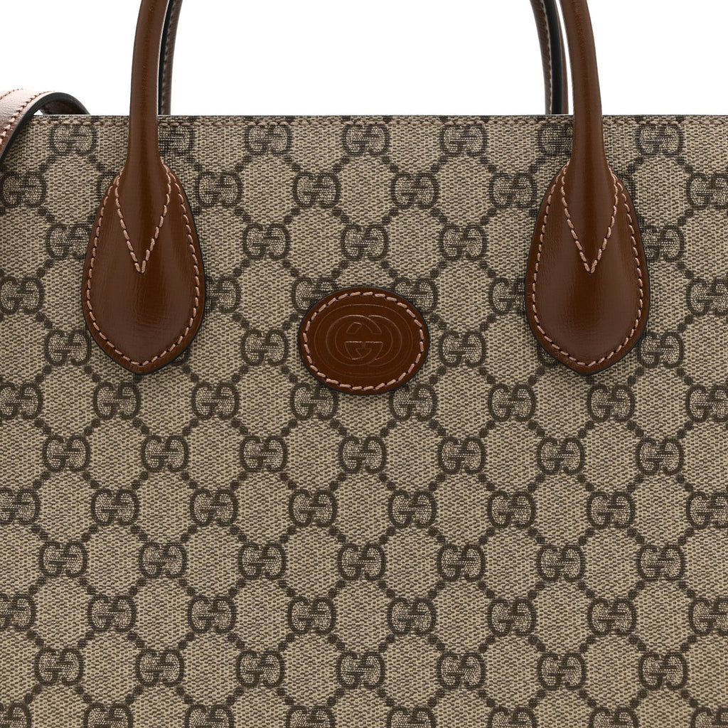GG Supreme Monogram Azalea Calfskin Small Retro Interlocking G Tote Bag Beige Ebony Brown Sugar