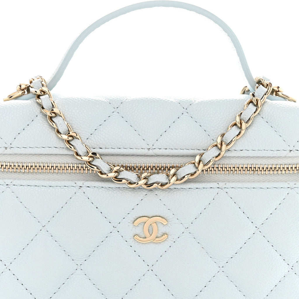 Caviar Quilted Top Handle Slim Vanity With Chain Light Blue