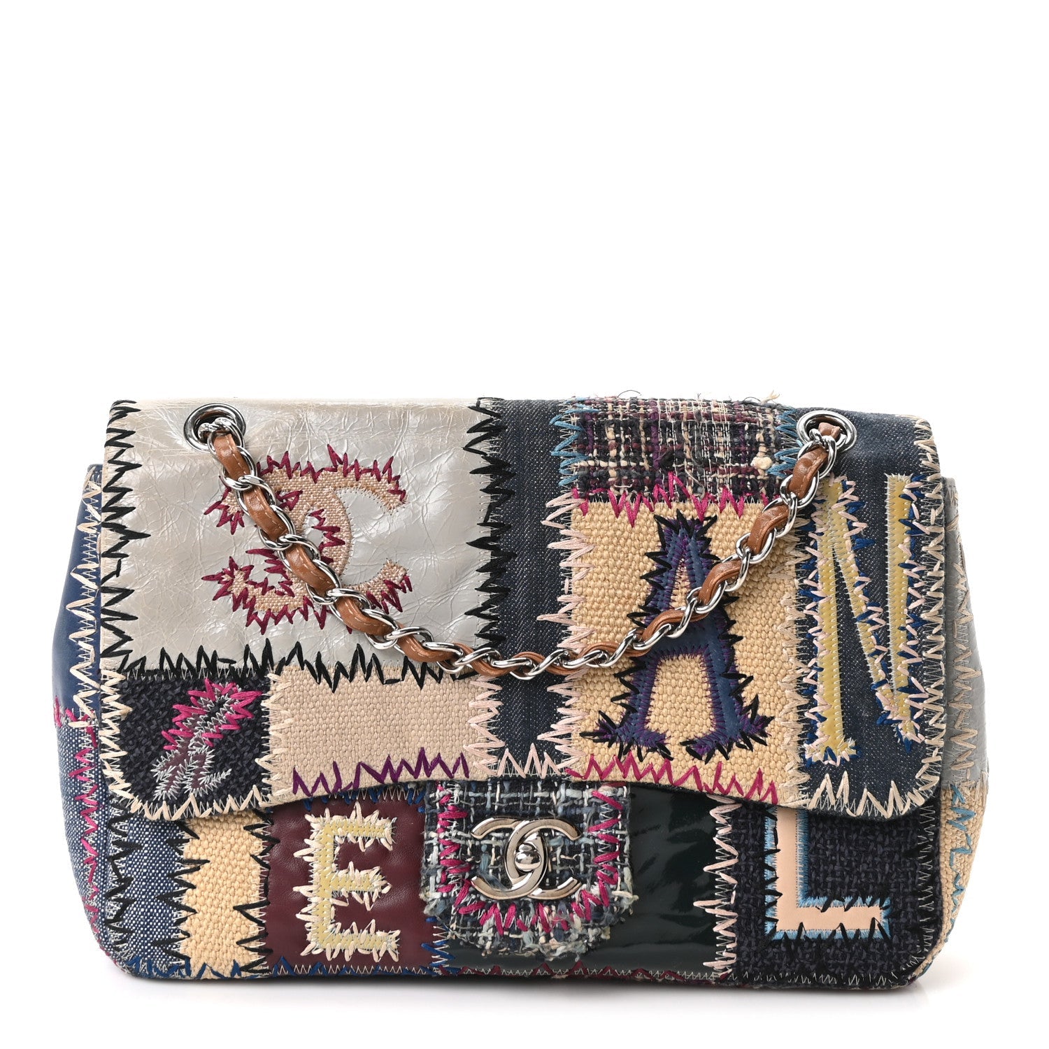 Denim Tweed Patchwork Jumbo Single Flap Multicolor