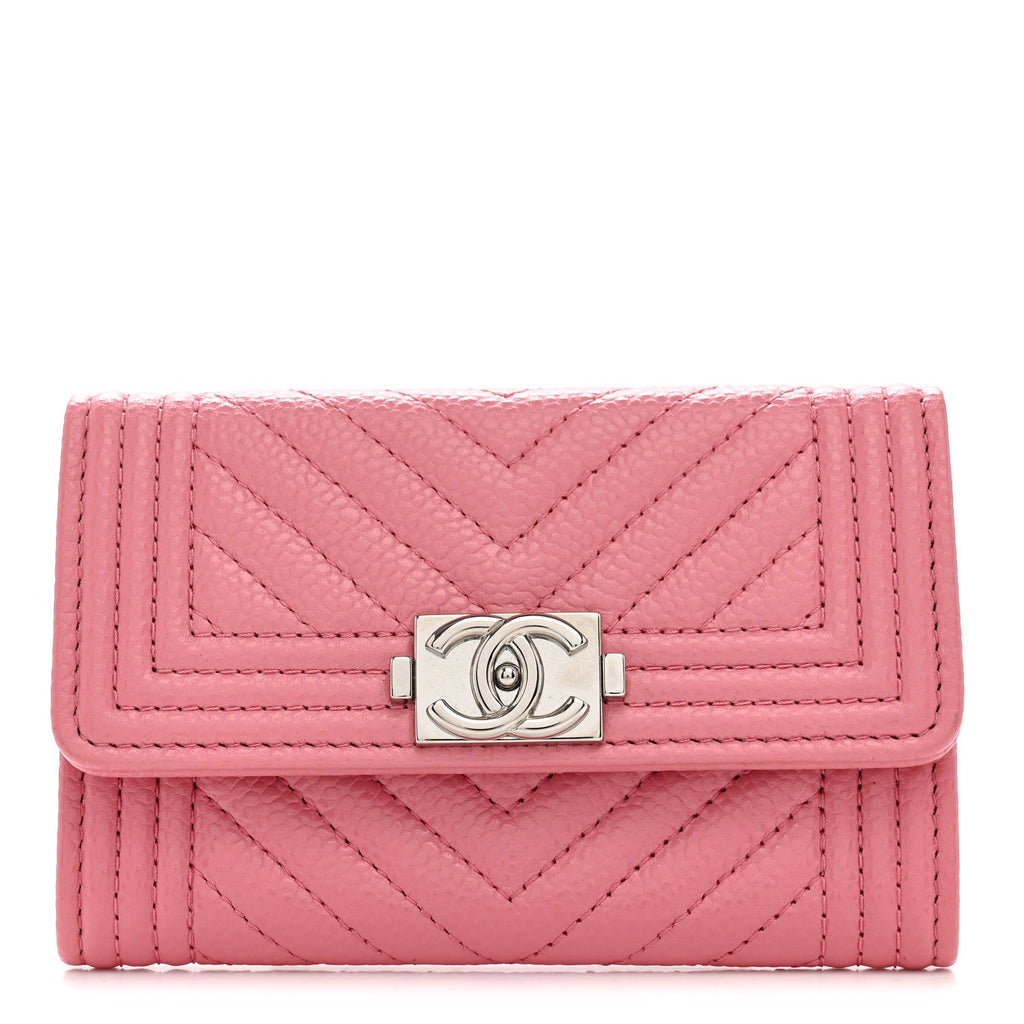 Caviar Chevron Quilted Boy Card Holder Wallet Dark Pink