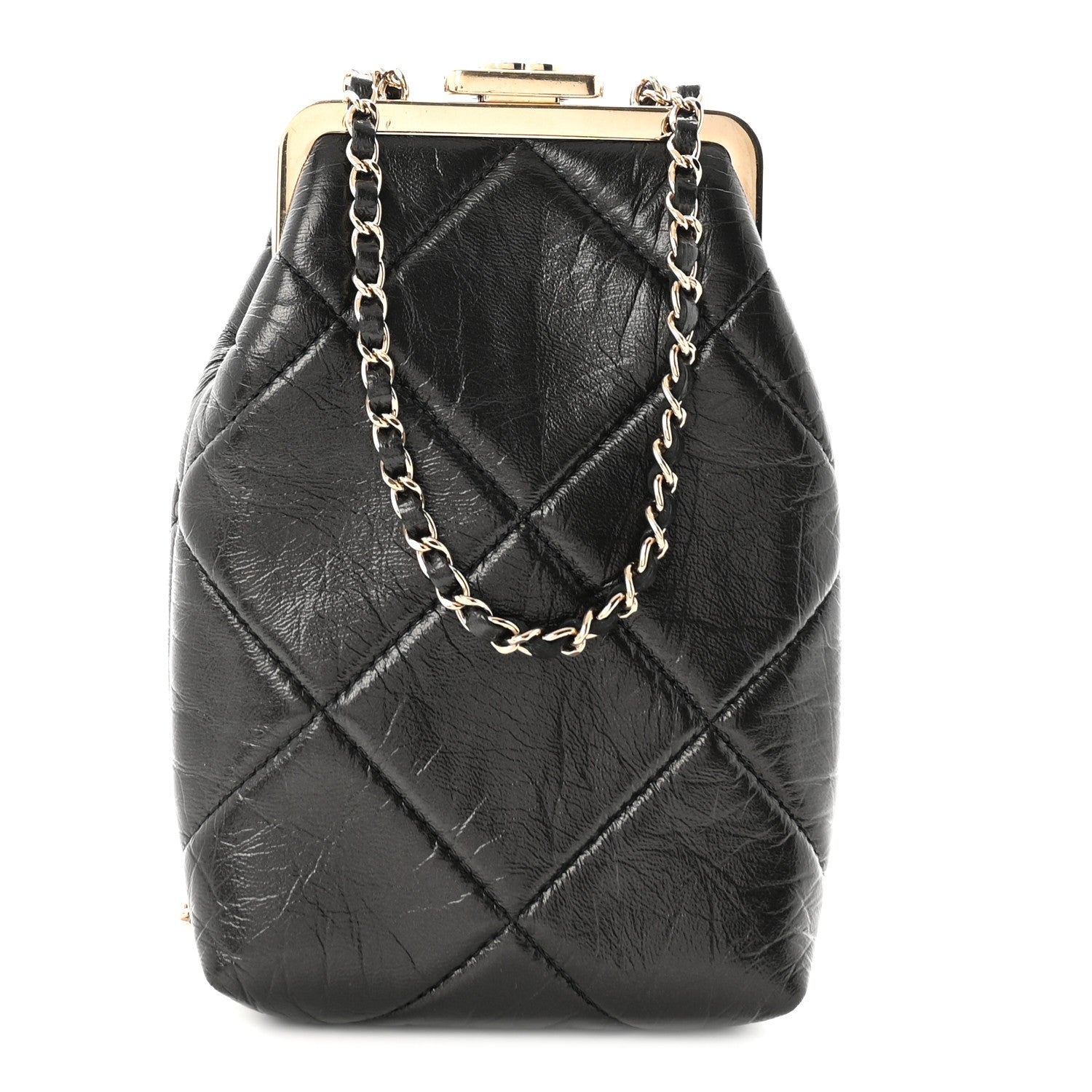 Shiny Aged Lambskin Quilted Kiss Lock Clutch With Chain Black