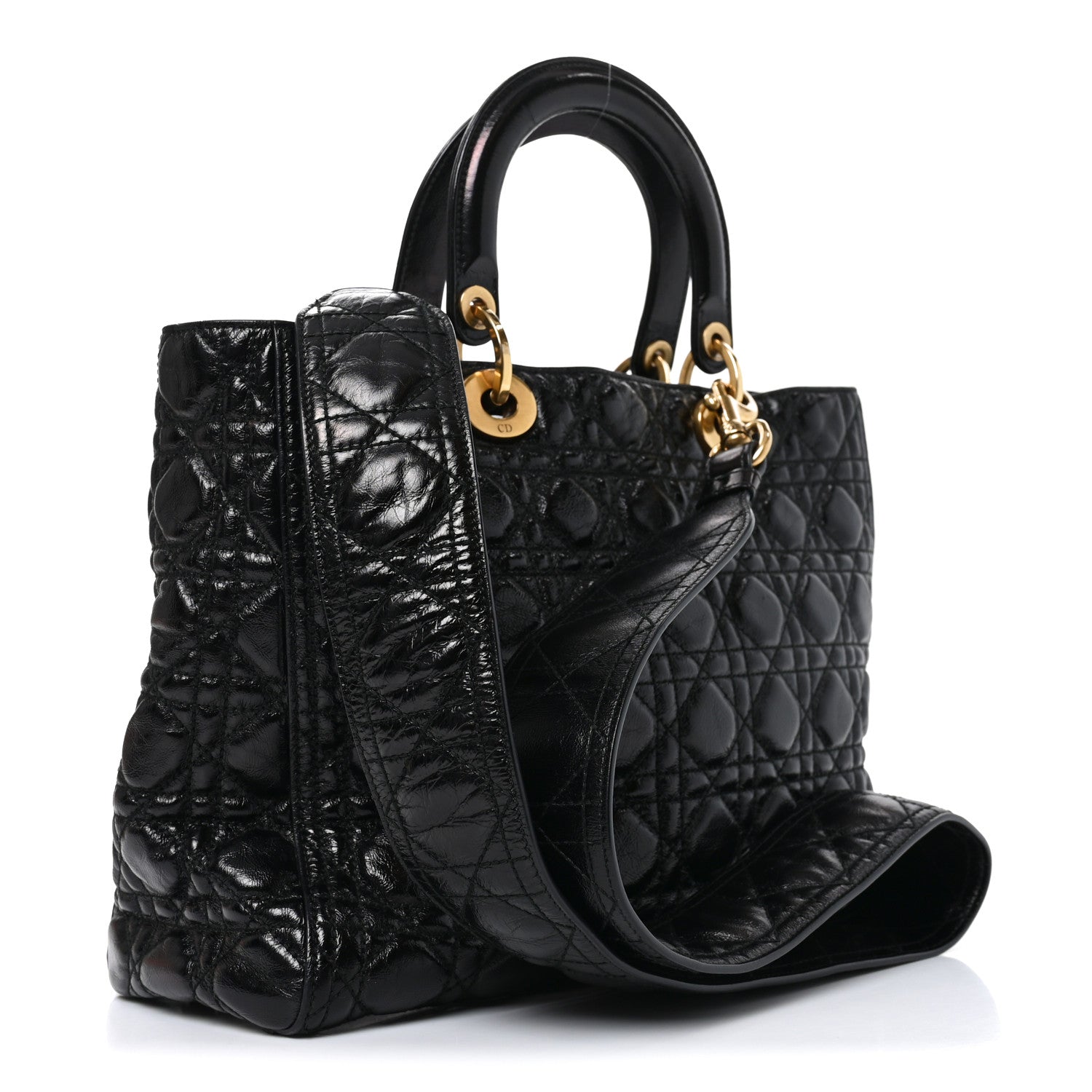 Crinkled Patent Cannage Large Lady Dior Black
