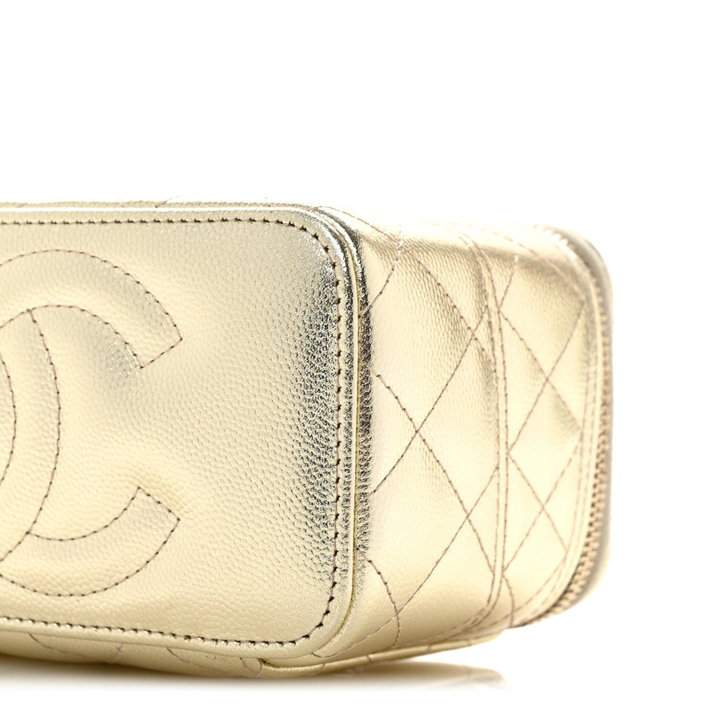 Metallic Caviar Quilted Trendy Handle Slim Vanity Gold