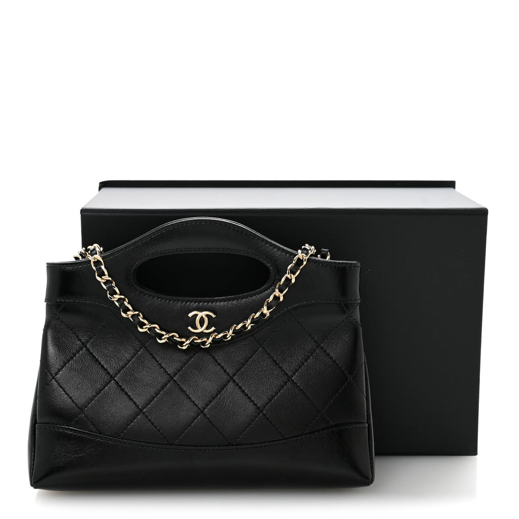 Shiny Crumpled Calfskin Quilted Nano 31 Shopping Bag Black