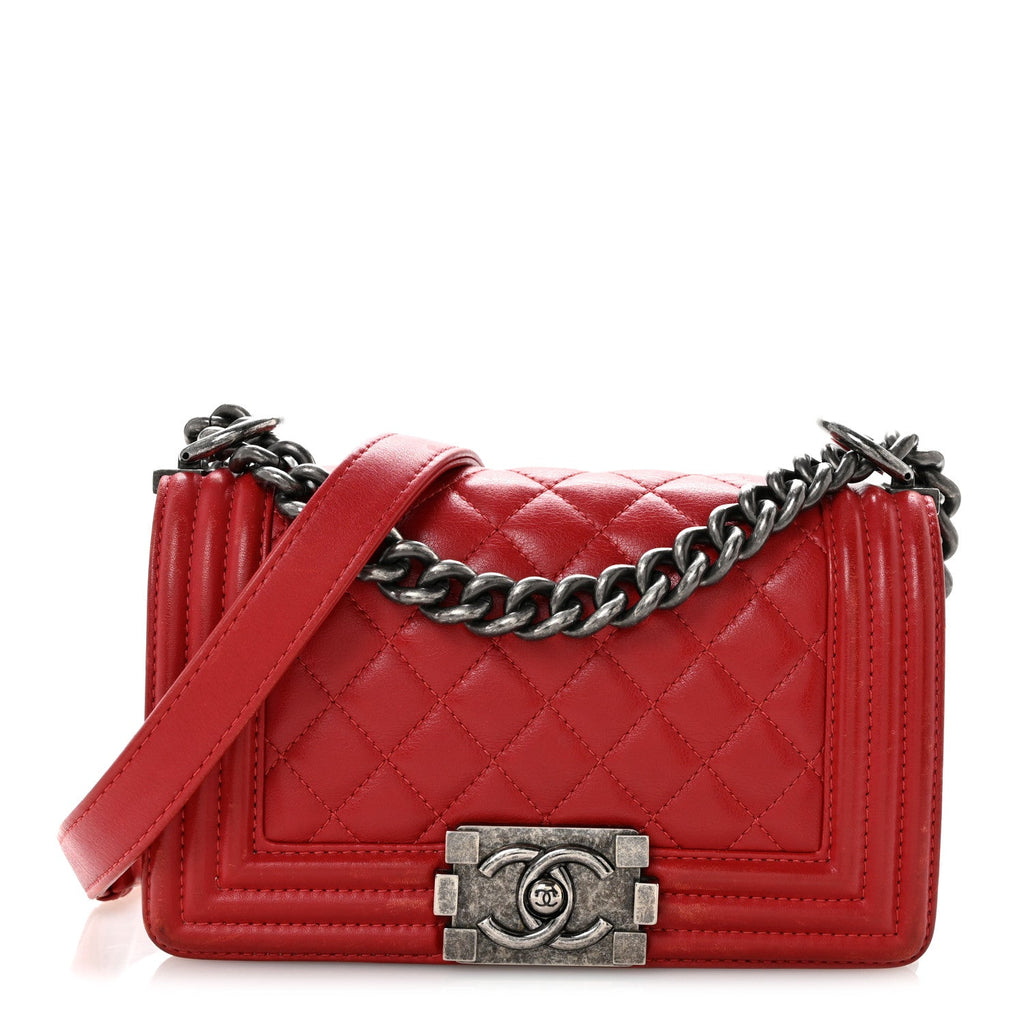 Calfskin Quilted Small Boy Flap Red