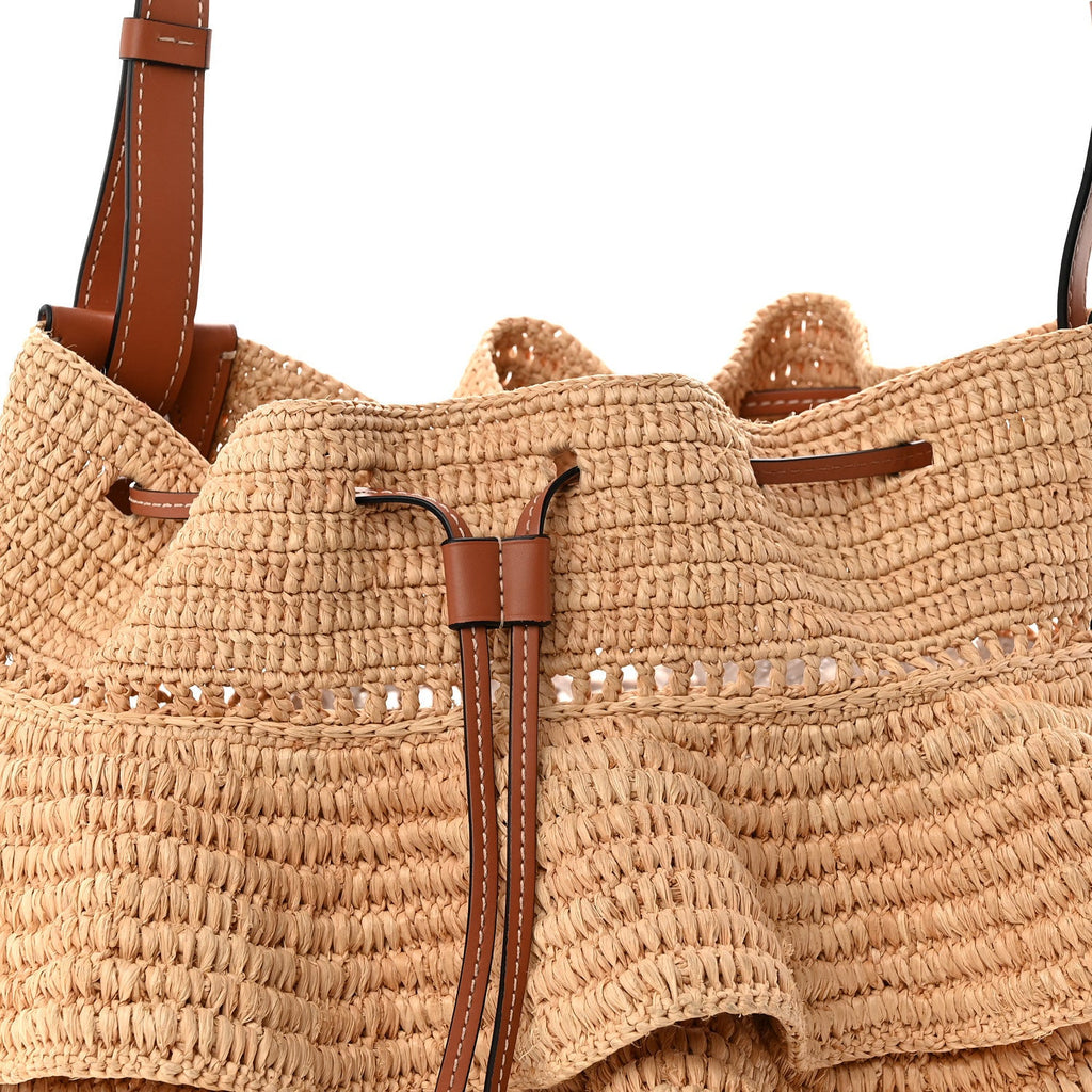 Raffia Calfskin Paulas Ibiza Balloon Ruffle Basket Tote Bag Natural Tan