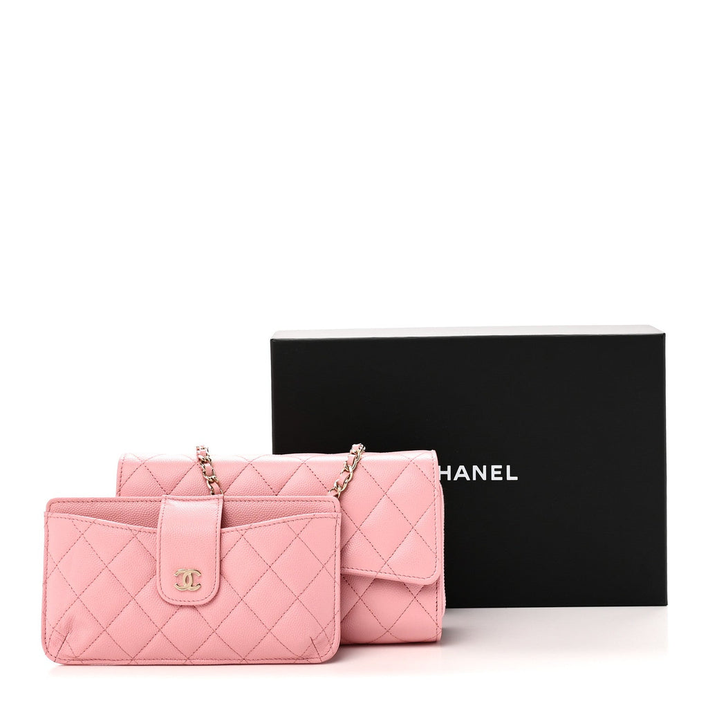 Caviar Quilted Phone Holder Wallet on Removable Chain Pink