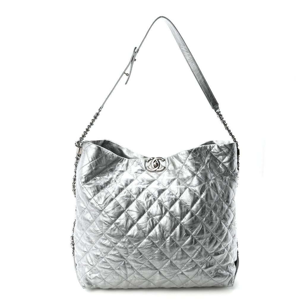 Metallic Crackled Calfskin Quilted Large Big Bang Hobo Silver