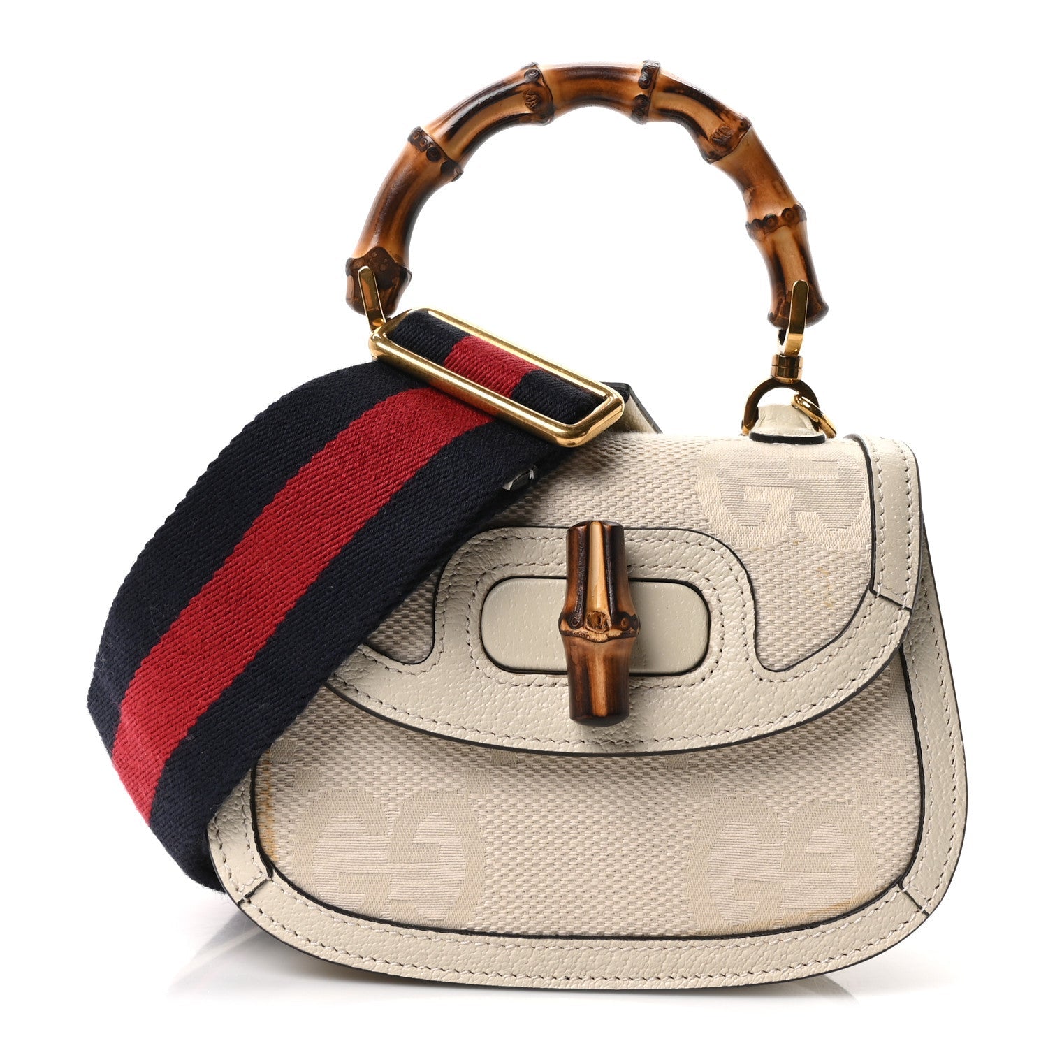 Monogram Jumbo GG Textured Dollar Calfskin Web Small Bamboo 1947 Top Handle Bag Off White