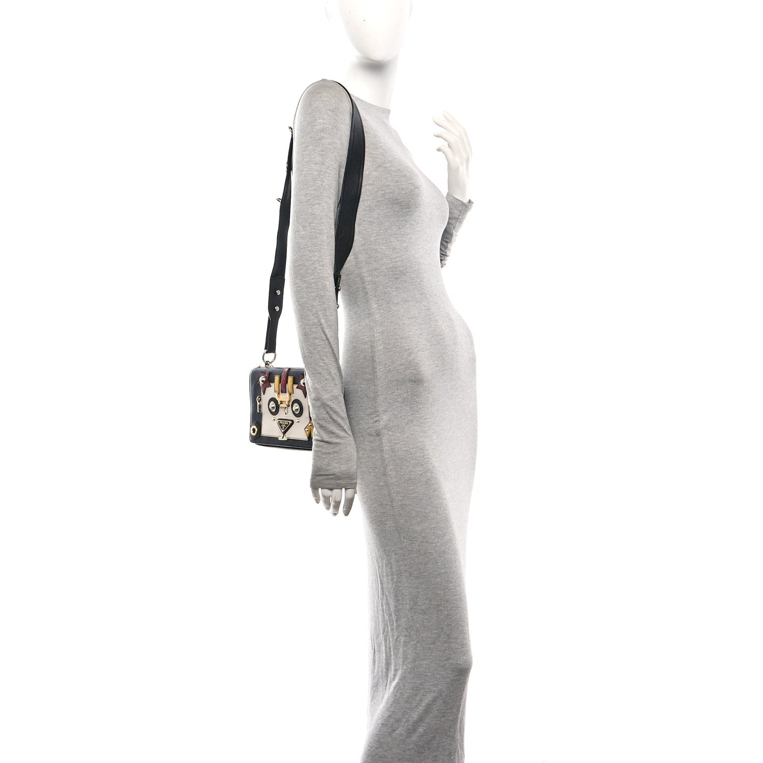 Grained Calfskin Saffiano Robot Shoulder Bag Black White