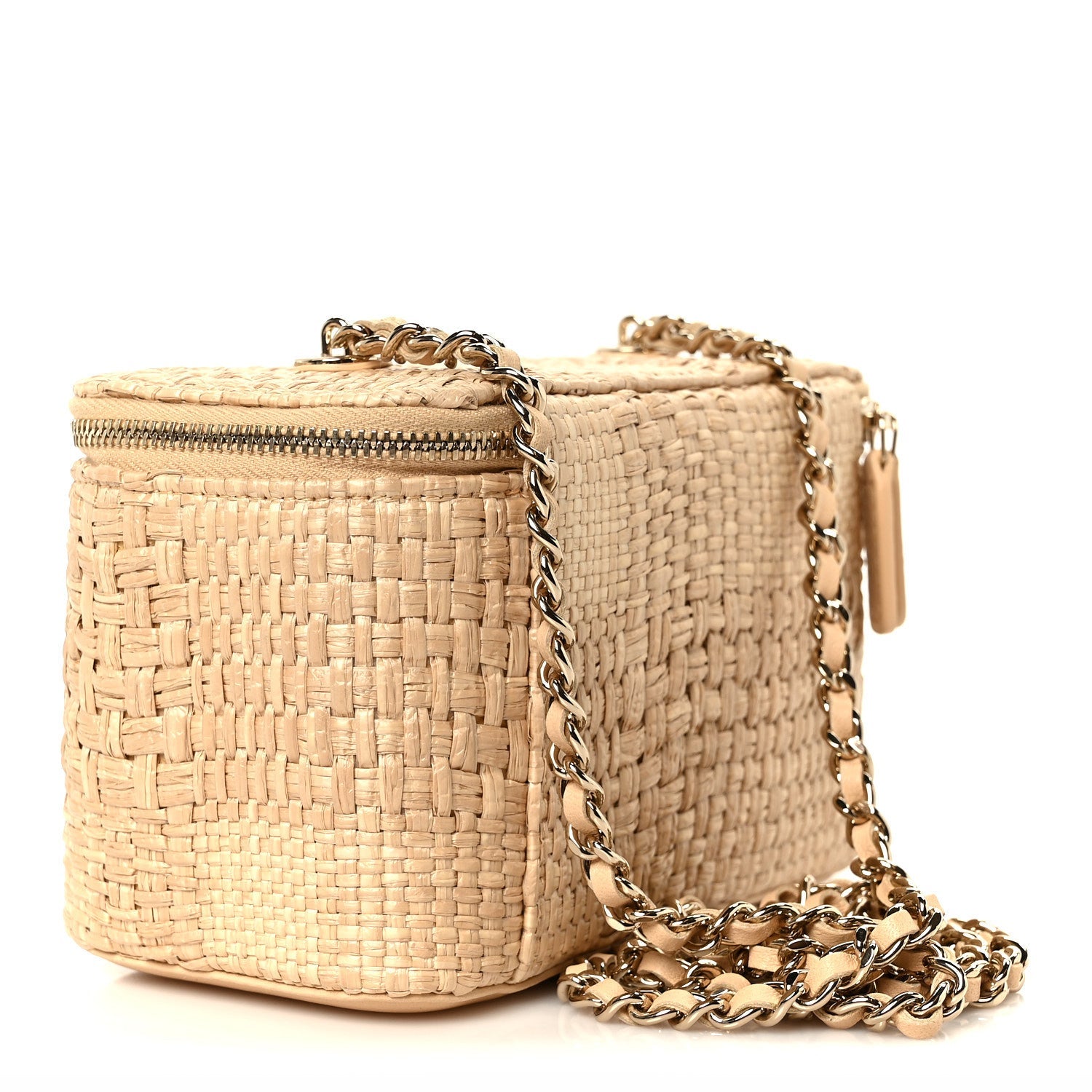 Braided Raffia Quilted Top Handle Slim Vanity Case With Chain Beige