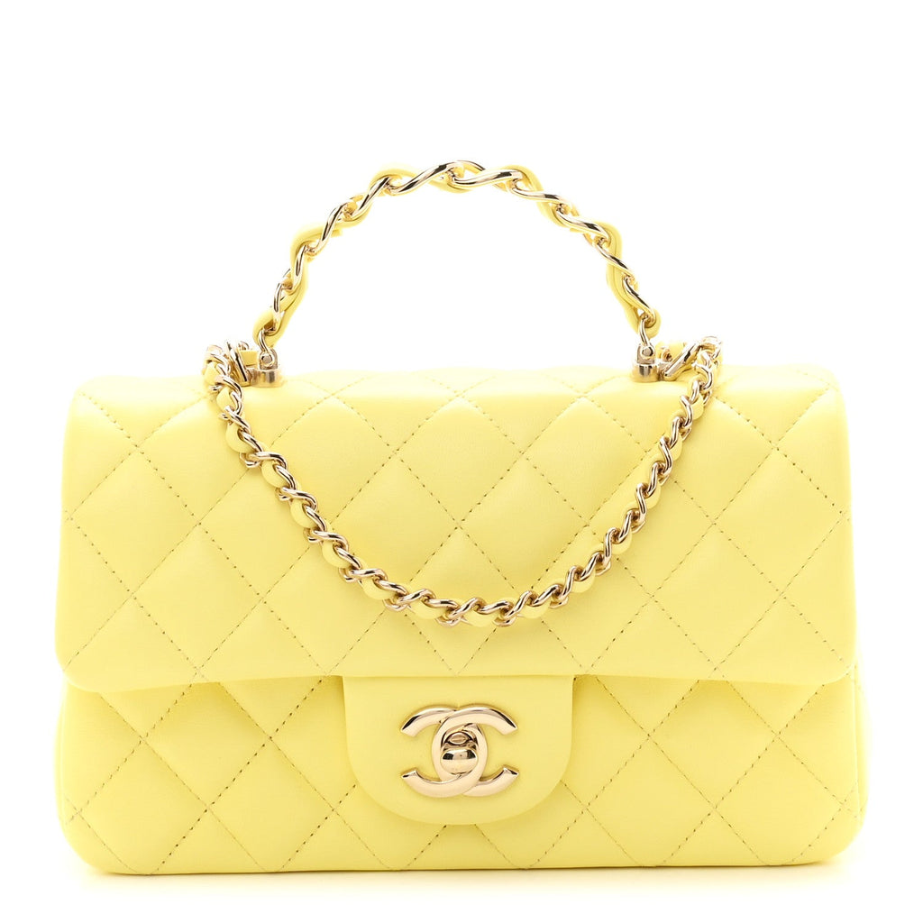 Lambskin Quilted Mini Chain Top Handle Rectangular Flap Light Yellow