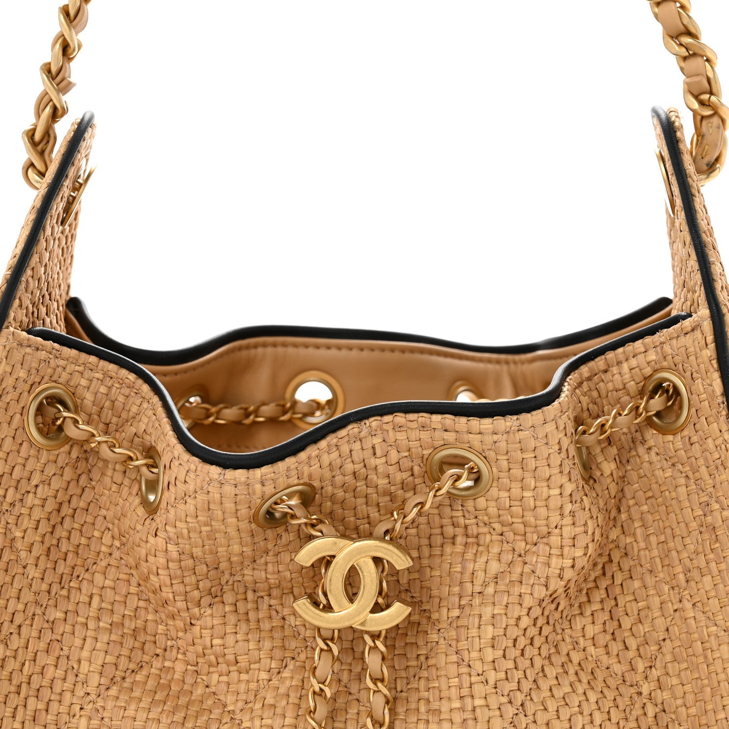 Braided Raffia Calfskin Quilted Mini Chanel 25 Handbag Beige Black