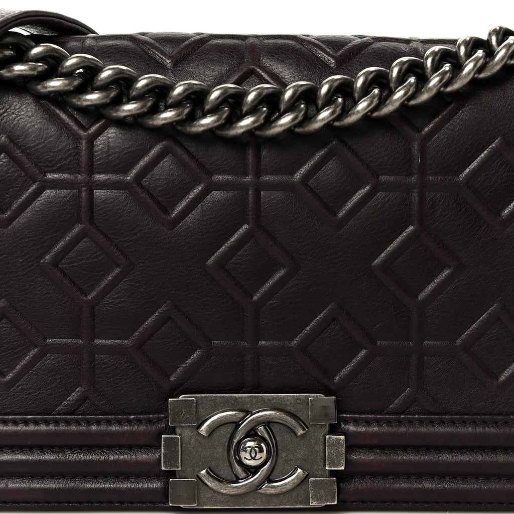 Calfskin Crystal Embossed Medium Boy Flap Plum