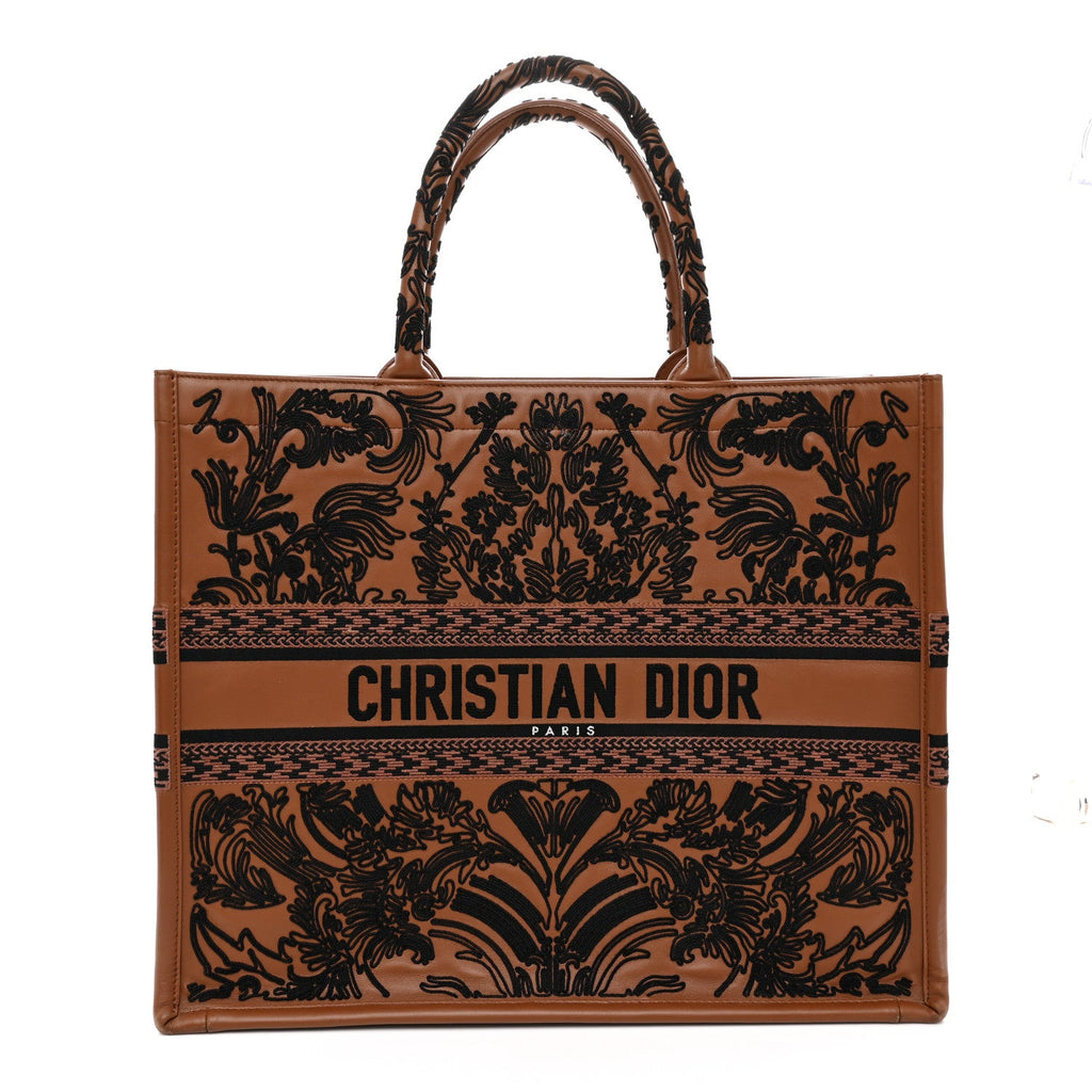 Calfskin Cornely-Effect Embroidery Large Book Tote Brown Black