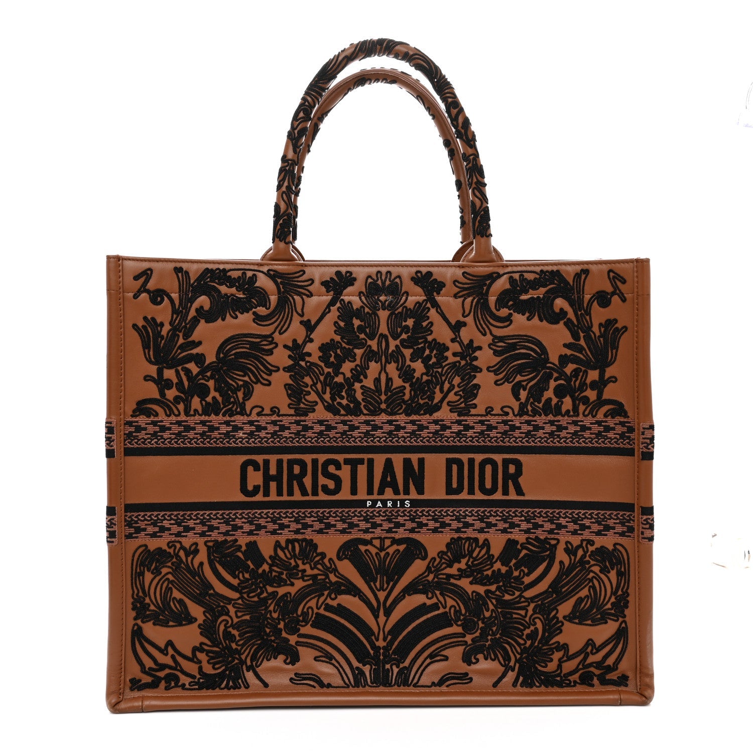 Calfskin Cornely-Effect Embroidery Large Book Tote Brown Black
