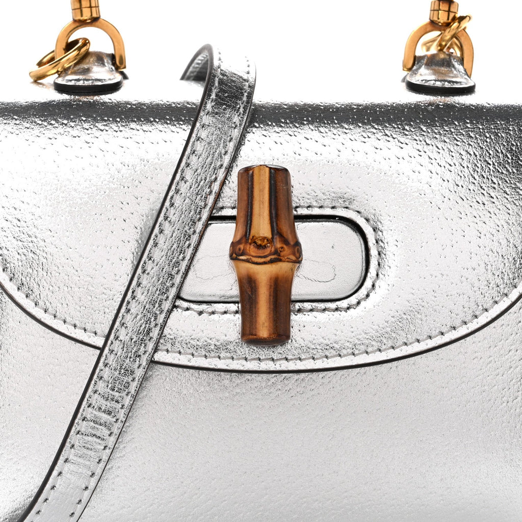 Metallic Calfskin Mini Bamboo 1947 Top Handle Bag Silver