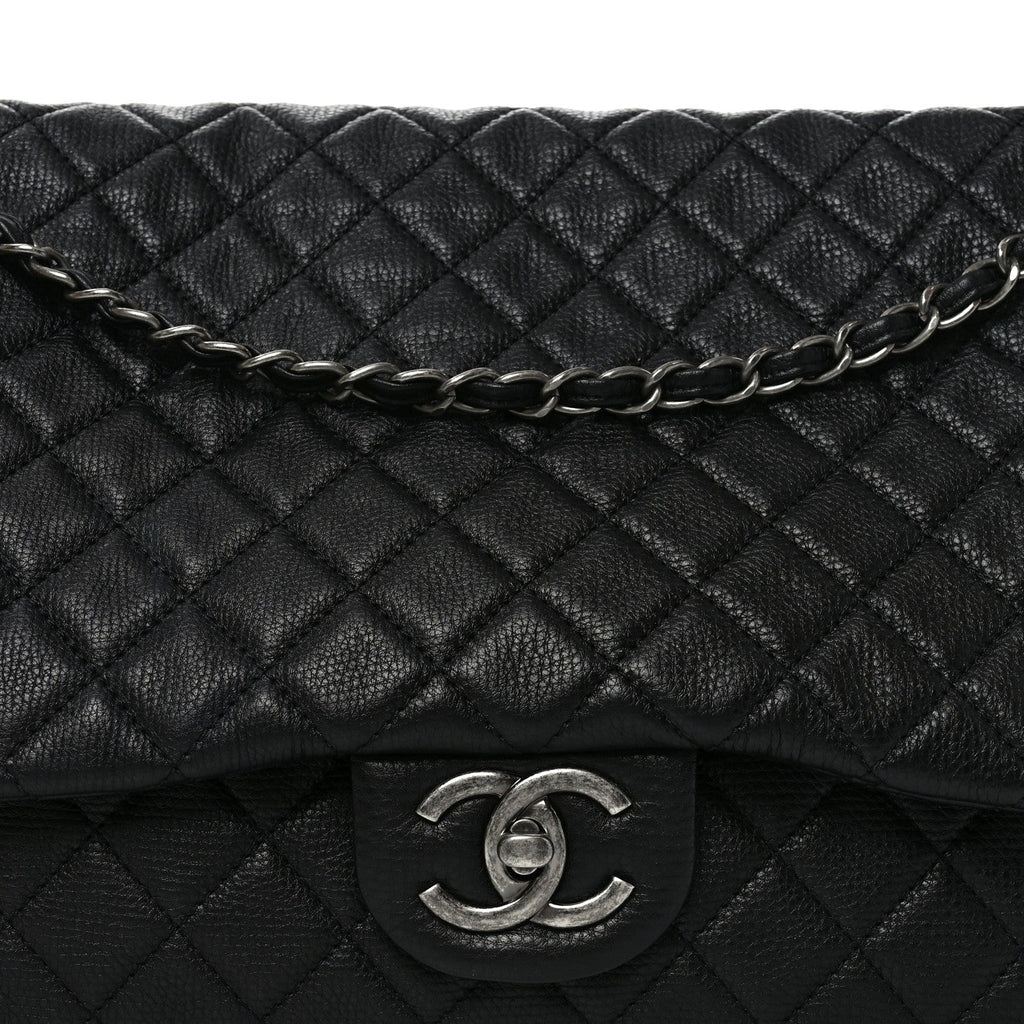 Grained Calfskin Quilted XXL Travel Flap Bag Black