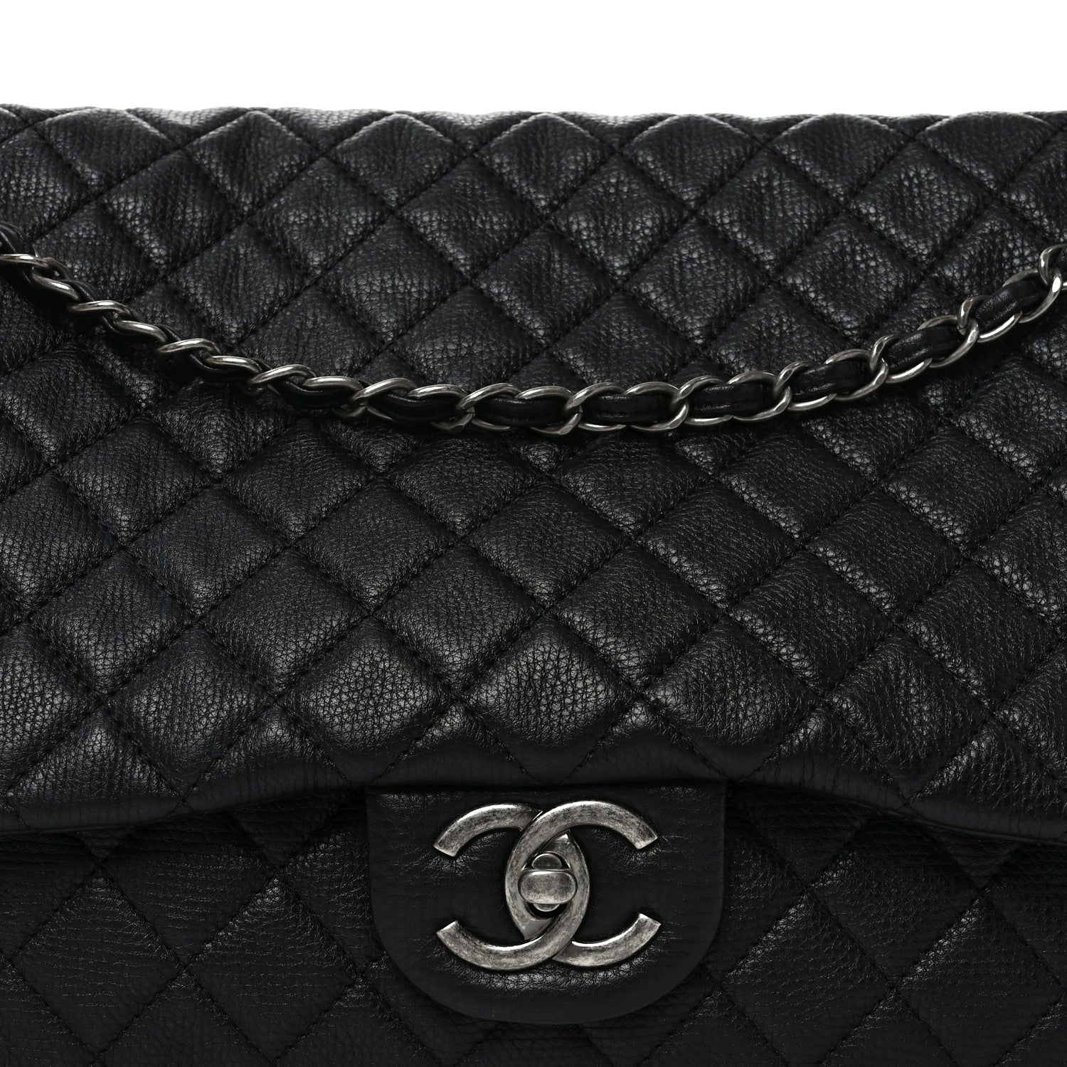 Grained Calfskin Quilted XXL Travel Flap Bag Black