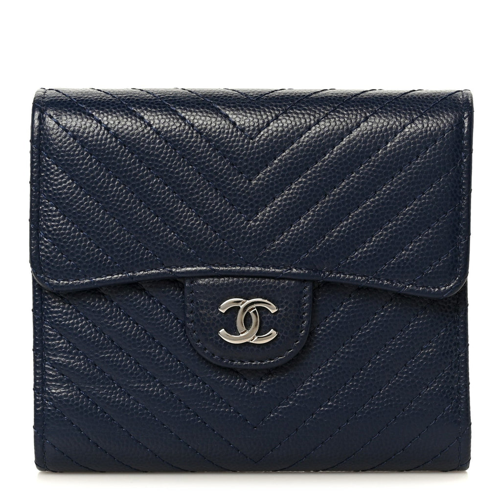 Caviar Chevron Quilted Compact Flap Wallet Navy