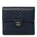 Caviar Chevron Quilted Compact Flap Wallet Navy