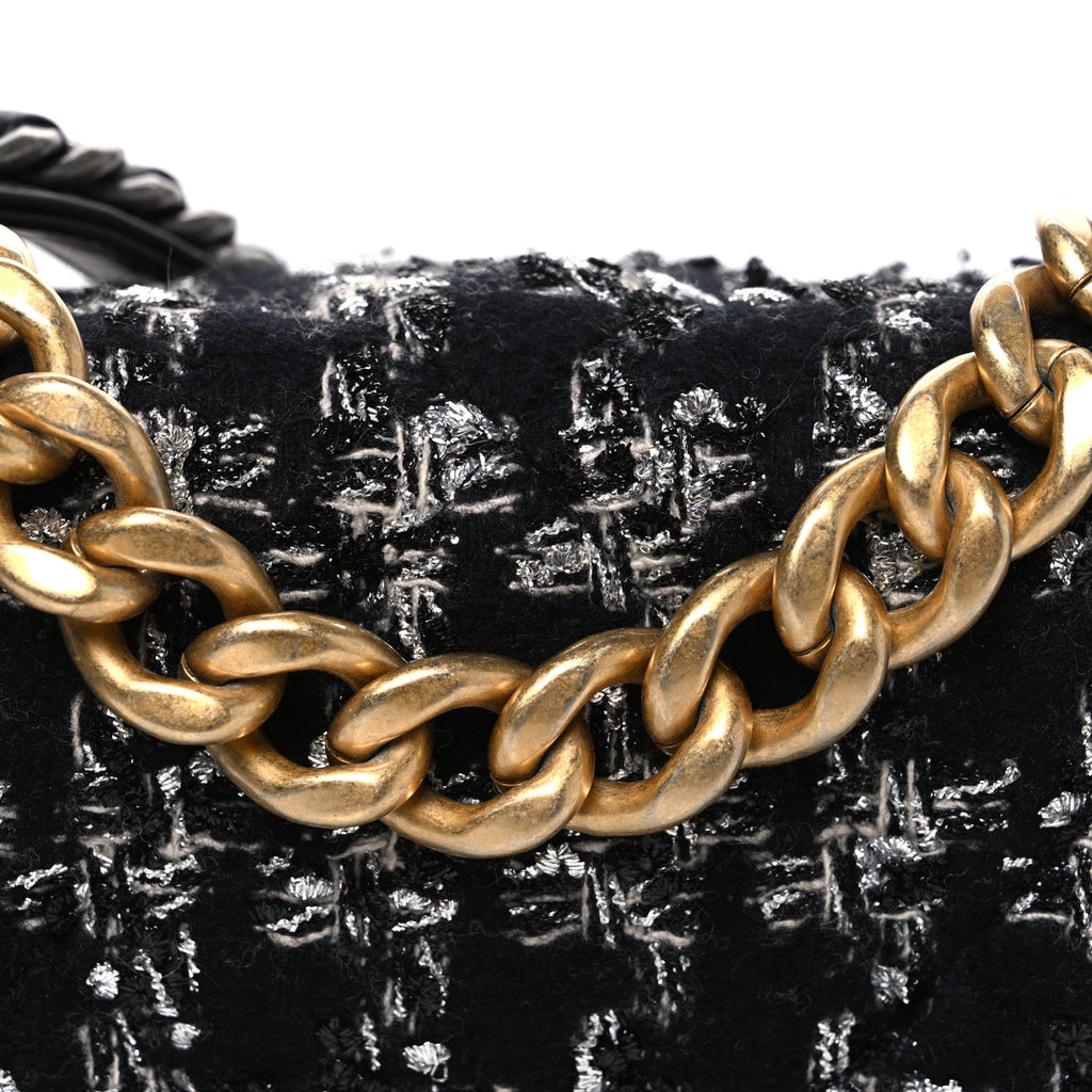 Tweed Quilted Large Chanel 19 Flap Black Silver Ecru