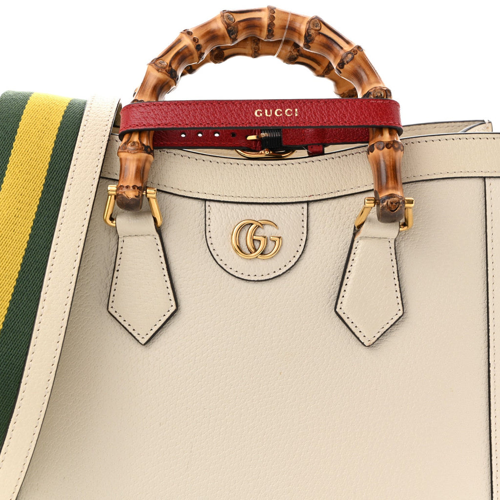 Textured Dollar Calfskin Web Small Diana Tote Bag Mystic White