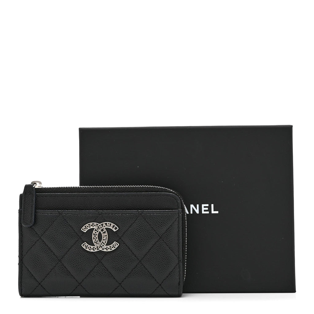 Caviar Quilted CC Logo Zip Around Card Holder Black