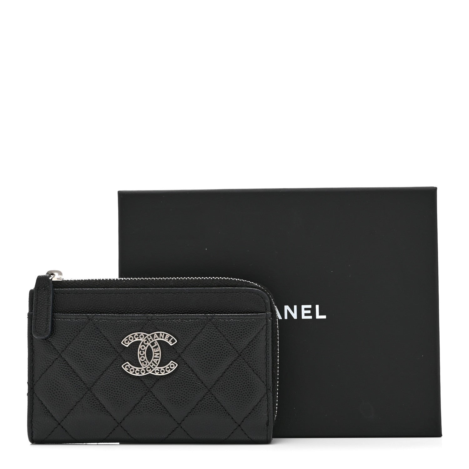 Caviar Quilted CC Logo Zip Around Card Holder Black