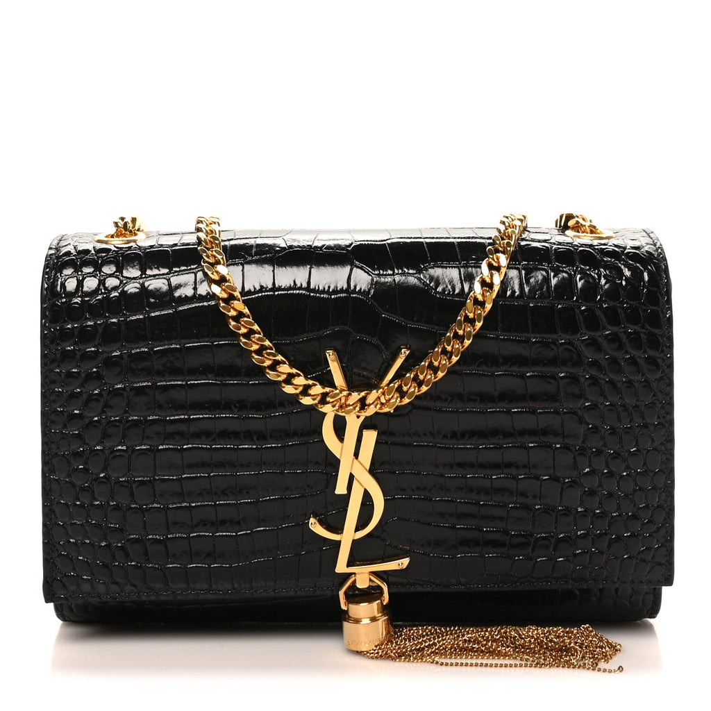 Calfskin Crocodile Embossed Small Classic Monogram Kate Tassel Satchel Black