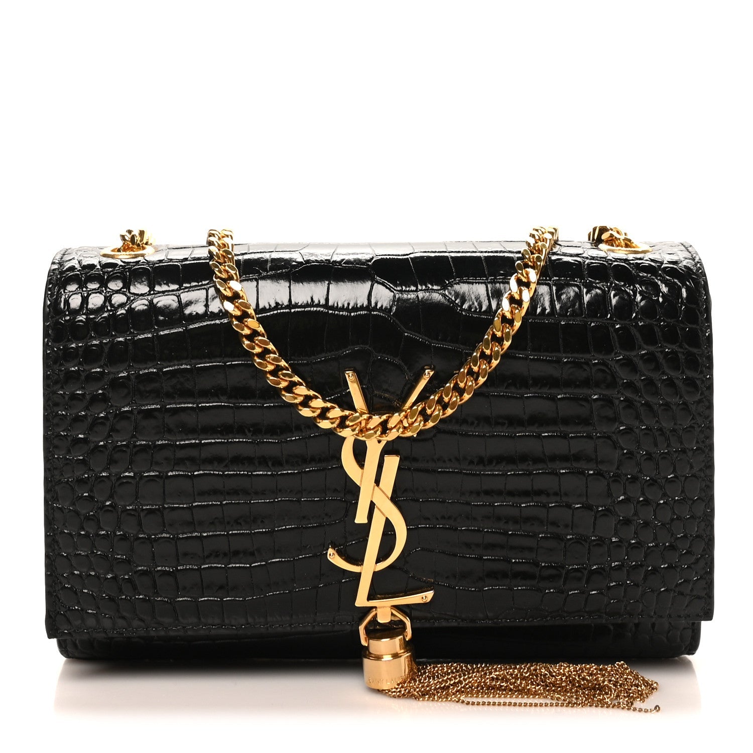 Calfskin Crocodile Embossed Small Classic Monogram Kate Tassel Satchel Black