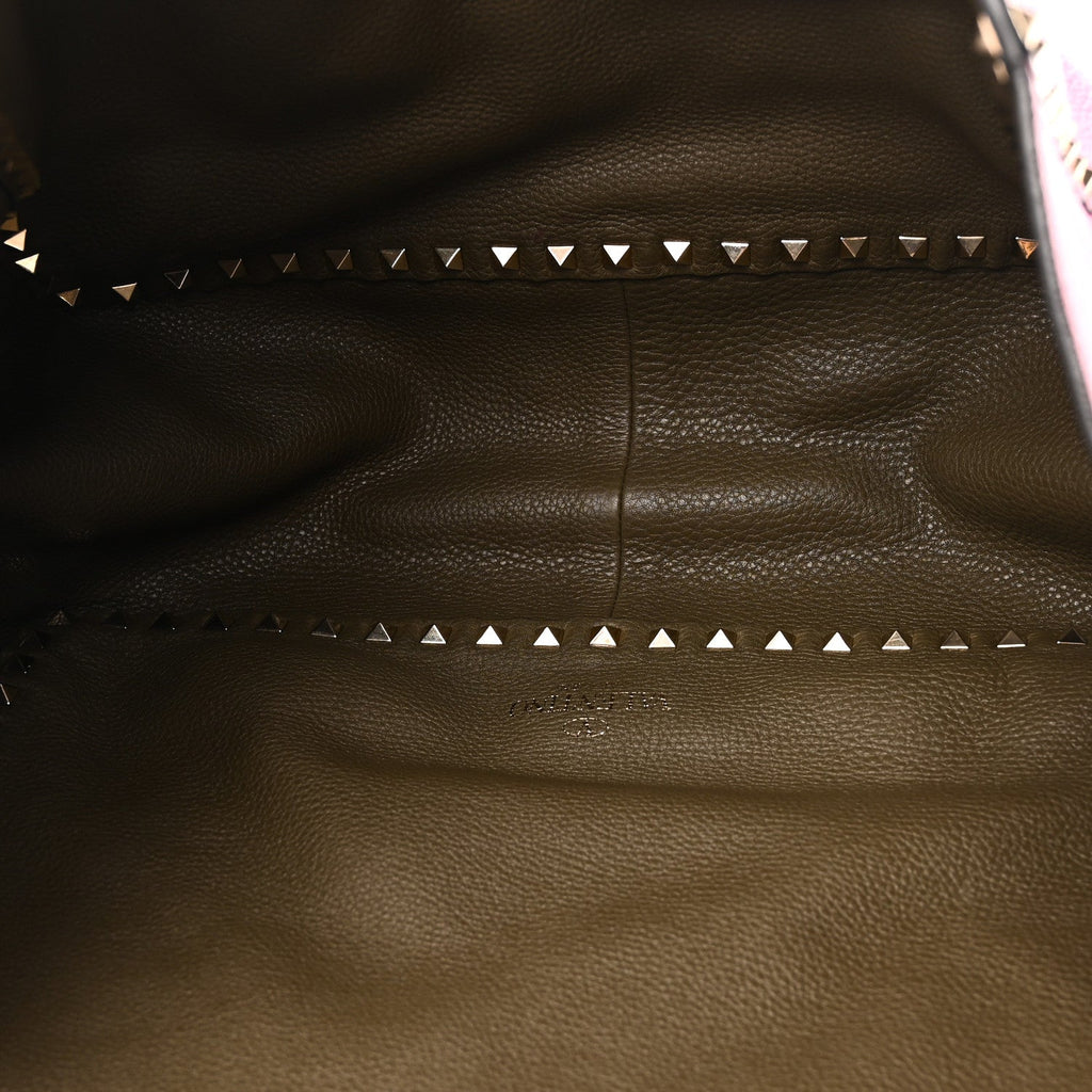 Grained Calfskin Medium Rockstud Reversible Tote Army Green Pink