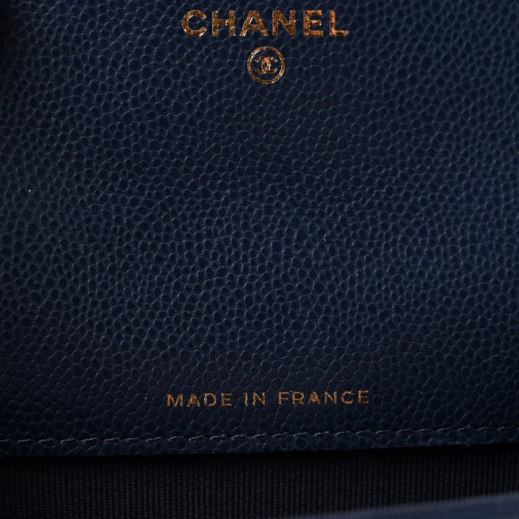 Caviar Quilted Flap Card Holder Wallet Navy Blue
