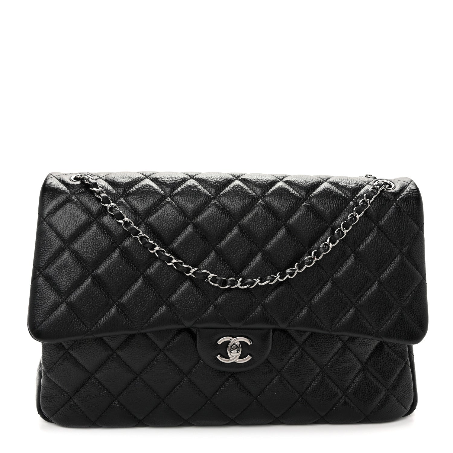 Grained Calfskin Quilted XXL Travel Flap Bag Black