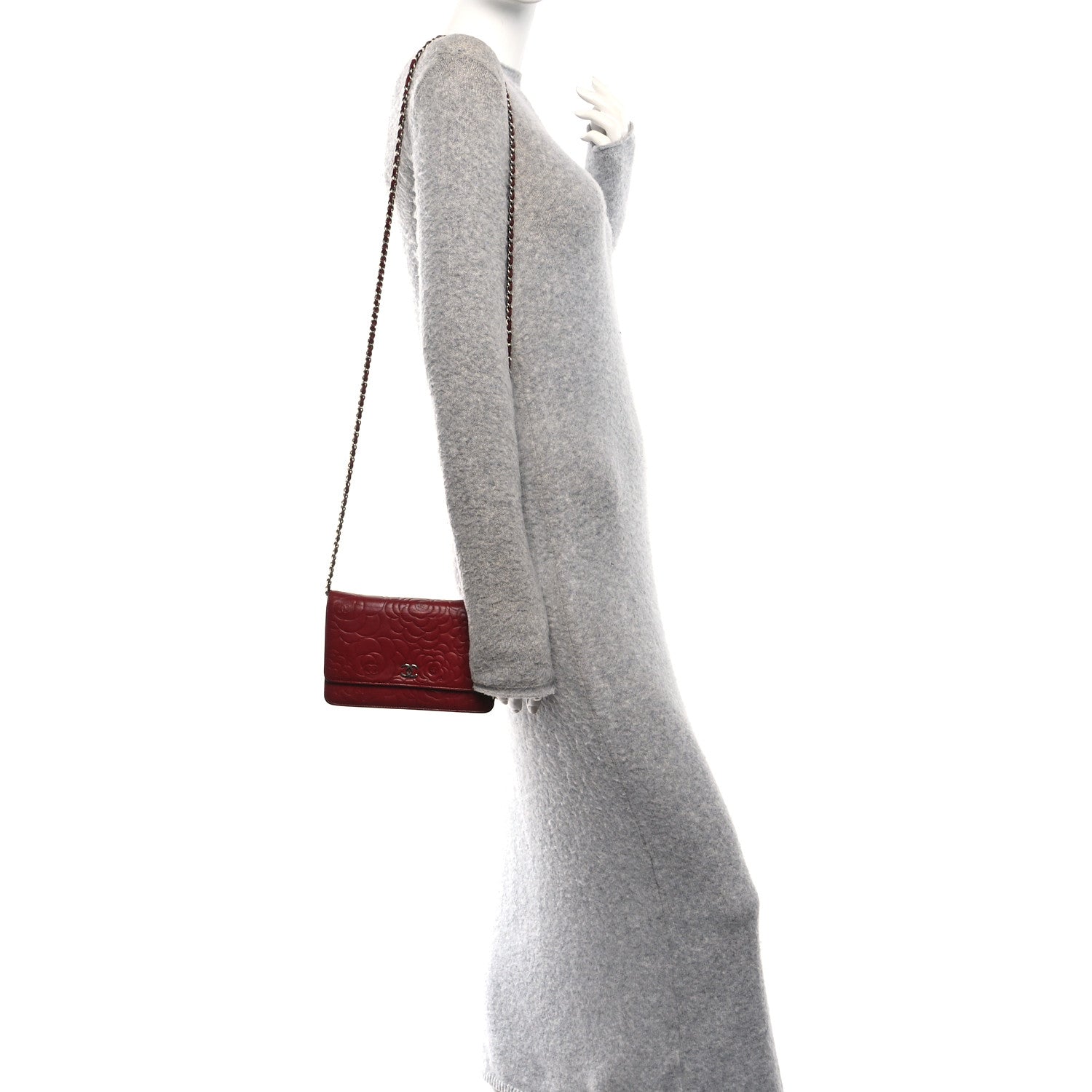 Lambskin Camellia Embossed Wallet on Chain WOC Red