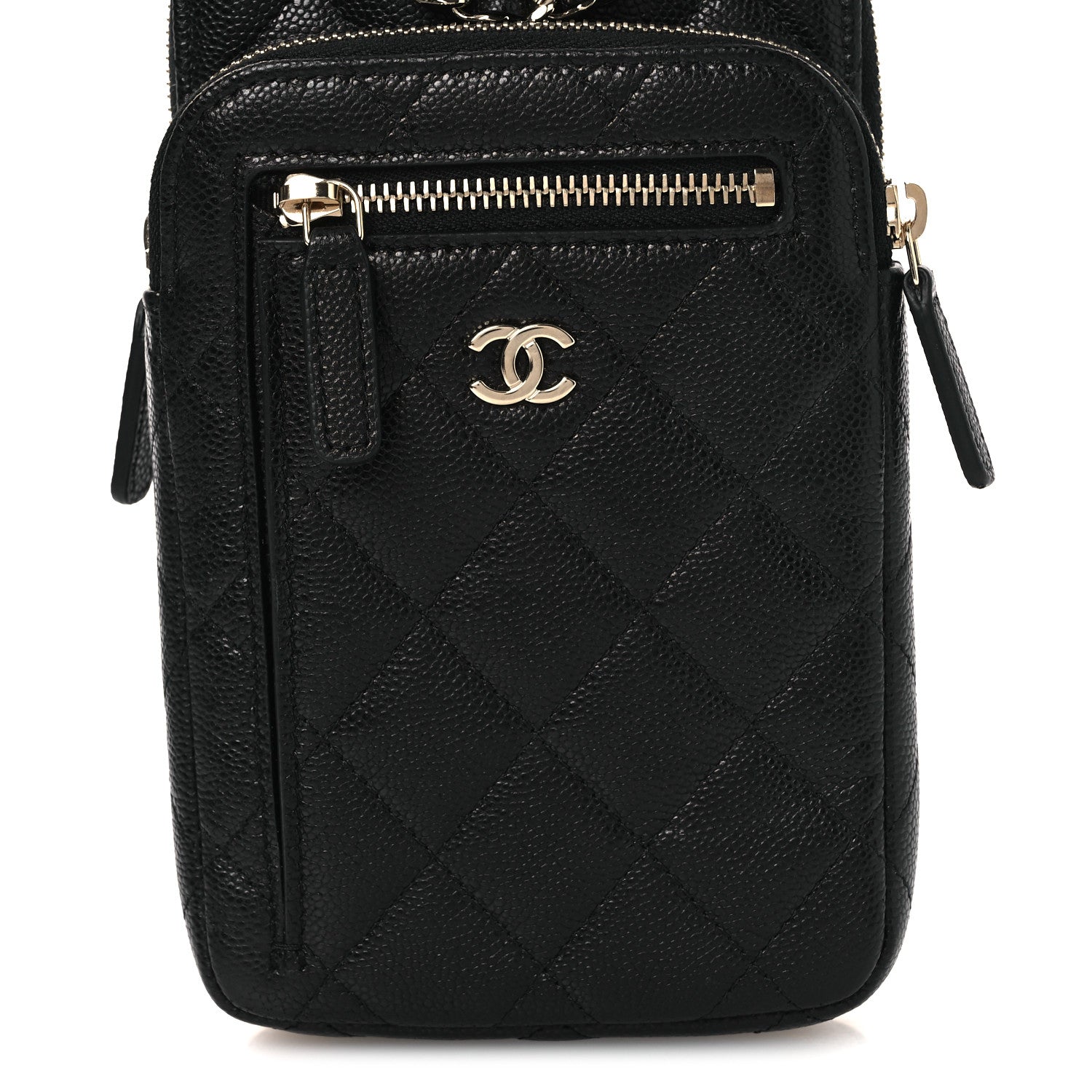Caviar Quilted Phone Holder With Chain Black