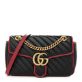 Vintage Effect Calfskin Matelasse Diagonal Small Torchon GG Marmont Shoulder Bag Black Romantic Cherry