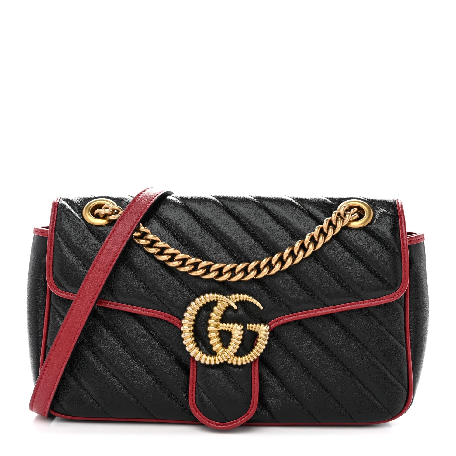 Vintage Effect Calfskin Matelasse Diagonal Small Torchon GG Marmont Shoulder Bag Black Romantic Cherry